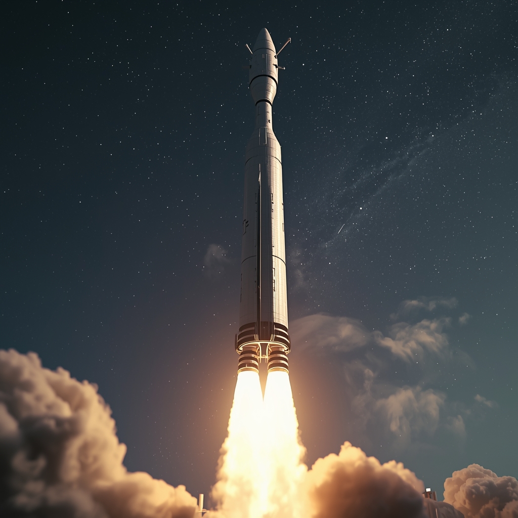 Cinematic shot of a massive silver starship rocket launching into a starry sky, fire and smoke at the base, 8k resolution, realistic